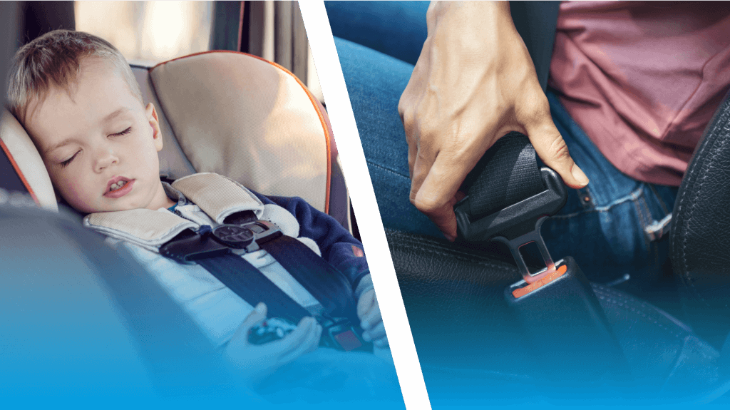 child sleeping in carseat image and person clicking seatbelt image